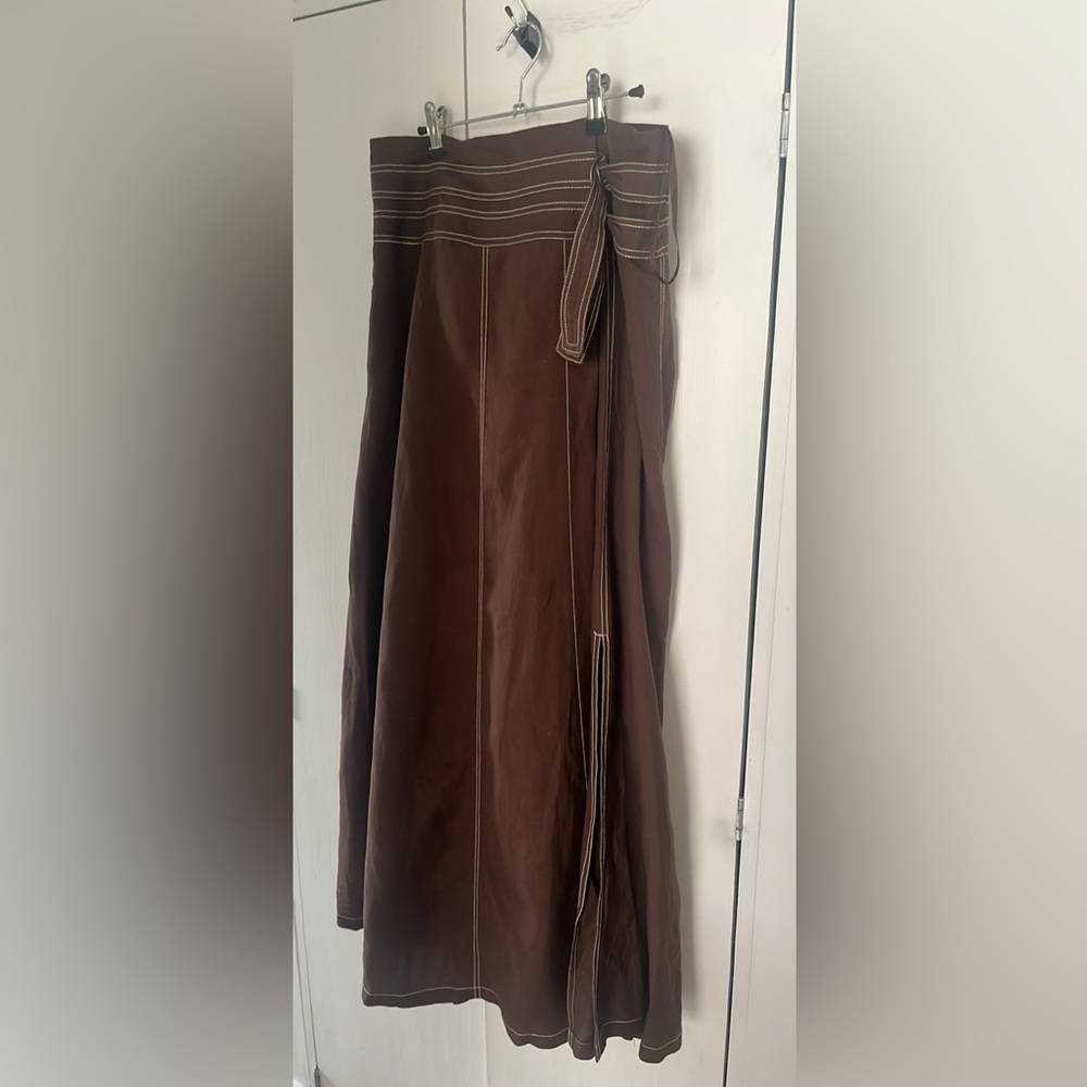 Mandarin Blue , Brown 100% Linen Wrap Skirt with White Accents